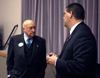 Charles Fowler, senior vice president for university relations, chats with Chick-fil-a founder Truett Cathy before he spoke to students in Harvey Hall.
 - Photo by Brad Moore