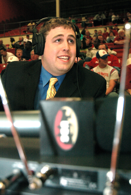 Senior Stephen Foshee commentates at a game for the Union Broadcasting Society. 