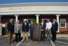 At the Fesmire Field House dedication Aug. 5, pictured from left: Bob Cambell, Union trustee; David Blackstock, Union athletic director; Benny Fesmire; Norma Fesmire; Gary Carter, Union senior vice president for business and financial services; Mike Gardner, of MG Construction Co.; and Charles Fowler, Union senior vice president for university relations. - Photo by Morris Abernathy