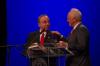 President Dockery presented Winston S. Churchill with a DVD copy of <em>The $64,000 Question</em> that featured his grandfather during the Tenth Annual Scholarship Banquet.  - Photo by Morris Abernathy