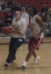 Freshman Leeanne Foster goes up against Lady Bulldog Ena Daniels at the Joes vs. Pros event during Homecoming. - Photo by Holly Gushee