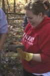 During her Day of Remembrance project, Senior Cassie Harris, history major, is excited to find a buried brick that was probably made by a nineteenth century slave on the Ames Plantation.  - Photo by Matthew Diggs