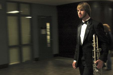 Freshman Blake Stannard, Biblical studies major, head towards the chapel to play in the symphonic band concert. 