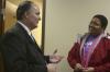 Jerry Tidwell talks with Robbyn Reynolds after chapel during a reception held outside the President's Office. - Photo by Stephanie Schroeder