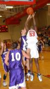 D.J. Sissoko (53) gets off a shot against Trevecca Nazarene during the championship game of the TranSouth Tournament. - Photo by Morris Abernathy