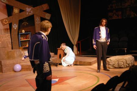 Lukas Burke as Sebastian and David Longobardo as Antonio discuss the fate of Julie Palmer as Alisha in the production of <em>The Tempest</em>.