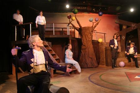 The stranded crew and passengers in the theatre's production of <em>The Tempest</em>.  Pictured from left to right: Matt Stimmel as Francisco, Kip Arrowood as Gonzalo, Ruthann Pike as Adrian, Julie Palmer as Alisha, David Longobardo as Antonio, and Lukas Burke as Sebastian.