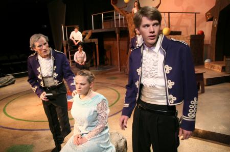 Kip Arrowood as Gonzalo, Julie Palmer as Alisha and Lukas Burke as Sebastian in the theatre's production of <em>The Tempest</em>.