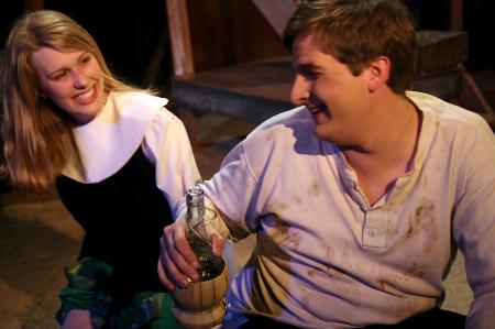 Rachael Kapavik as Trincula and Tyler Whetstone as Stephano in the theatre's production of <em>The Tempest</em>.