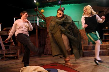 Tyler Whetstone as Stephano, Trevor Yarbrough as Caliban and Rachael Kapavik as Trincula in the theatre's production of <em>The Tempest</em>.