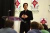 Makoto Fujimura, guest artist and speaker, talks with faculty and students during a luncheon held after chapel. - Photo by Stephanie Schroeder