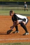 First baseman Brandy Hoffman is down and ready for the play at first base. - Photo by Steven Aldridge