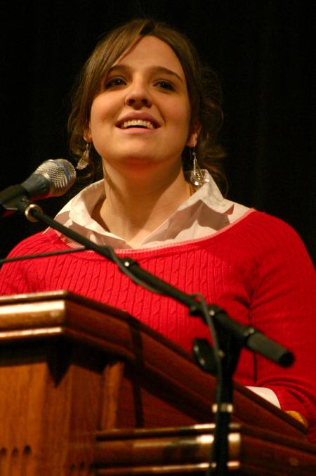 Kelly Northam talks with students about her GO Trip to North Africa during chapel.