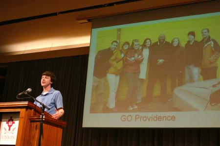 Bob Sparks talks about his GO Trip to Providence during chapel.