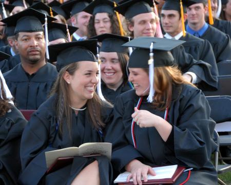 Katie Daniel and Cassie Harris enjoy a laugh during the spring 2007 graduation ceremony.