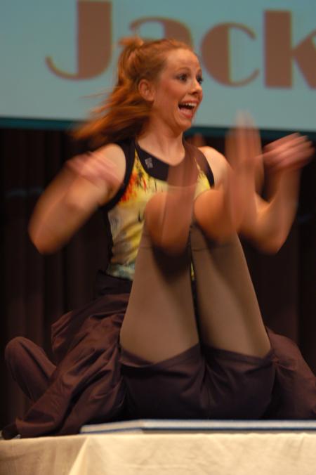Sophomore Physical Education Major Alaina Bare performs in a skit for the small group competition in the 2007 SAC Variety Show.