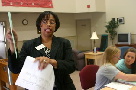 Jacqueline Taylor, director of career services, gives instructions on a personality test the Rising Senior students completed. 