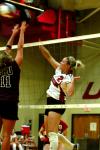 Junior CJ Neathamer again attacks Freed-Hardeman with a well-placed spike. - Photo by Matt Elia