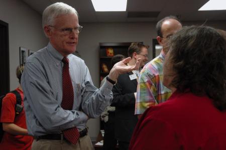 Christian Studies professor James Patterson speaks with Kathy North, one of Union's new missionaries-in-residence. 