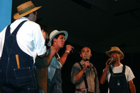 Lambda Chi Alpha perform songs from <em>O Brother, Where Art Thou?</em> for All-Sing during Family Weekend.