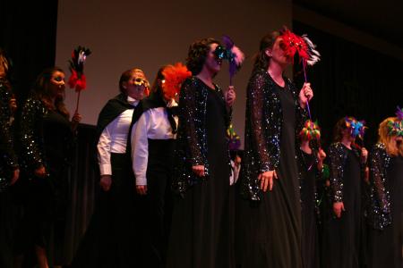 Chi Omega's large group performs songs from <em>The Phantom of the Opera</em> for All-Sing during Family Weekend.