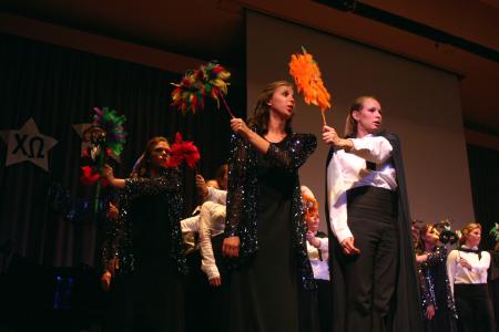 Chi Omega's large group perform songs from <em>The Phantom of the Opera</em> for All-Sing during Family Weekend.