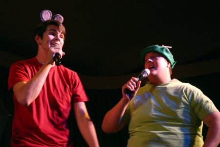 Andrew Spena and Kevin Isbell dressed as mice from <em>Cinderella</em> perform a number for All-Sing during Family Weekend. Spena and Isbell were part of Cody Curtis's large group.