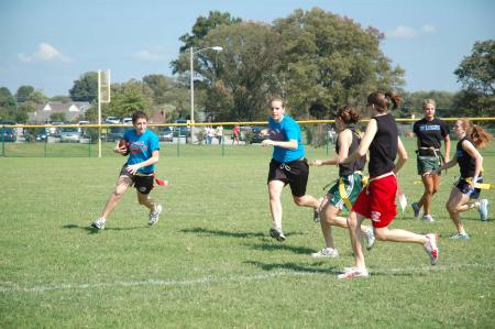 Abigail Calvert makes a dash for the endzone in an all independent intramural flag football game.