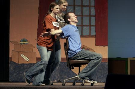 Angela Abbamonte and Jessica Gillard help Alexander, played by Kip Arrowood, with his problem of moving away from home in the fall children's show.