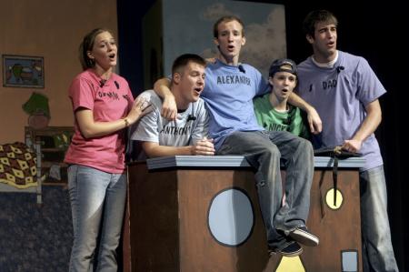 Caitlin Riggs, Dave Darty, Kip Arrowood, Emily Watlingtion and Kieler Henry perform in <em>Alexander, Who's Not Not Not Not Not Not Going to Move</em> presented by the Union University Players.