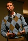 Aaron Harvie, from Riverside Community Church in Horsham, Penn., talks to students in chapel. - Photo by Stephanie Schroeder
