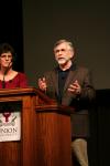 Sharron and Larry Pumpelly, former missionaries to Kenya and Uganda, spoke for Union's Aids Awareness chapel about the True Love Waits program they were involved with. - Photo by Kristi McMurry