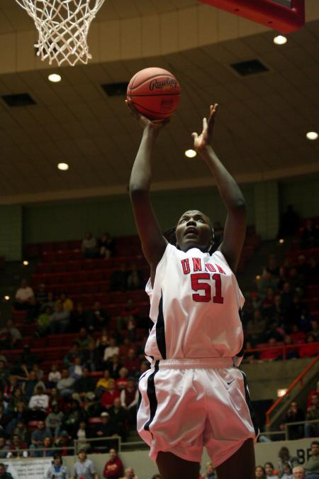Josephine Owino goes up for a shot during the semi-final game of the NAIA tournament against Vanguard.