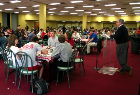President Dockery speaks to faculty, staff and students at the barbeque lunch provided and prepared by Gwatney Chevrolet in response to the February 5 tornado.  