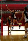 Anna Sims, freshman, hits the ball over the net during a match against Martin Methodist.  The Lady Bulldogs won the match 3-0. - Photo by Kristi McMurry