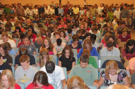 Parents and the Union community circle the chapel in prayer for the new freshmen and transfers.