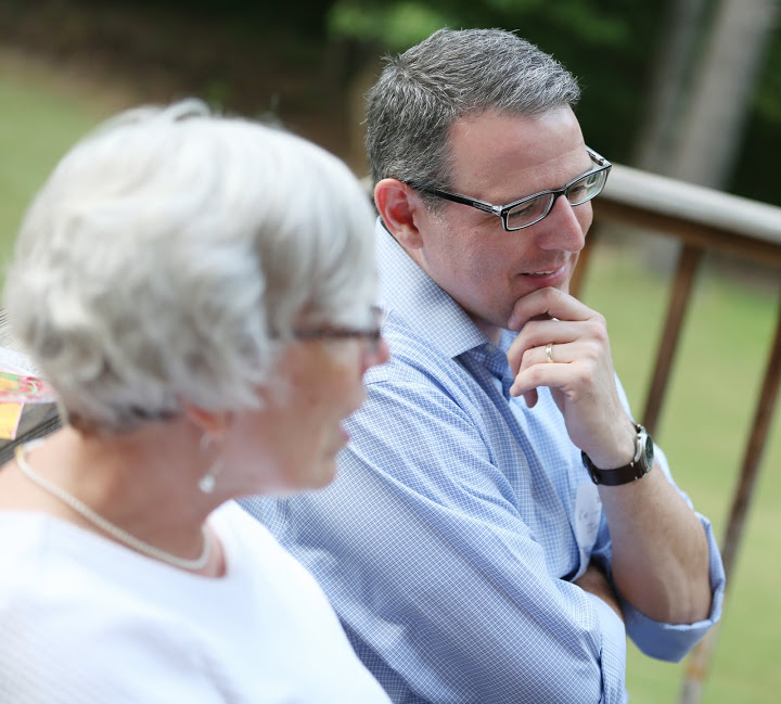Dr. Keith Bates talks to Nancy Thomas at the History Welcome Reception on August 31, 2015. Photo by Kristi Woody