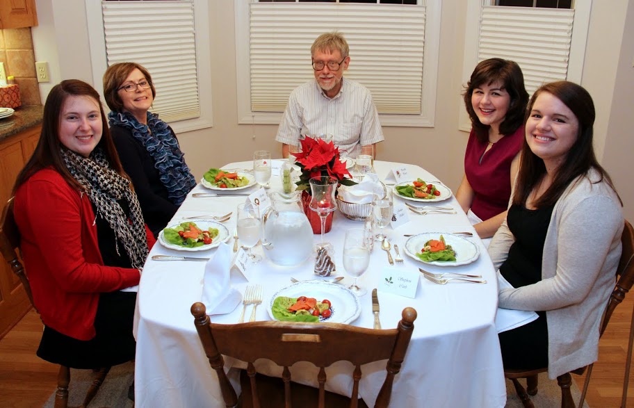 Attendees at the Franco-American Christmas dinner on December 5, 2015, get ready to eat their salads. They are (left to right) Kathryn Mitchell, Becky Lindley, Dr. Terry Lindley, Priscilla Porter, and Jordan Sellers.