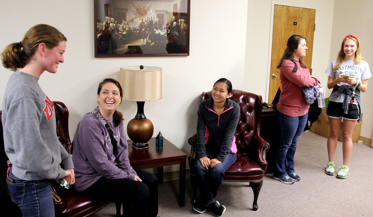Participants in the history department's community service project on November 3, 2015, wait in the Jones Suite of the PAC building for the project to begin. They are (left to right) Beth Adams, Emily Littleton, Katherine Cheshire, Jordan Sellers, and Ali Renckens.