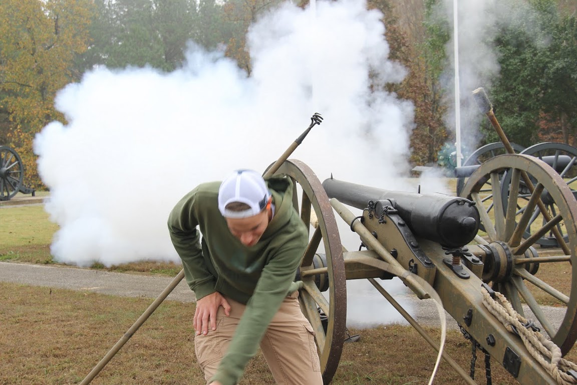 Stephen Lewoczko pulls the lanyard (trigger cord) to fire a cannon at Britton Lane Battlefield on November 3, 2015.