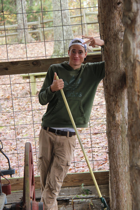 Stephen Lewoczko takes a brief break from raking out leaves from a stable located at Britton Lane Battlefield on November 3, 2015.
