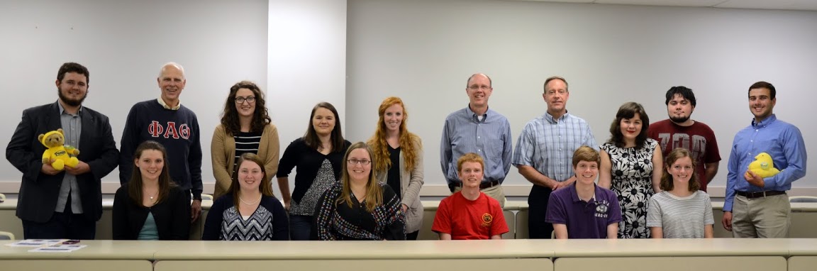 Members of Union's Delta-Psi chapter of Phi Alpha Theta join together for a photo at the society's fall plenary meeting. They are: (seated, left to right) Savannah German, Kathryn Mitchell, Hannah Conway, Gideon Ragland, Thomas Gray, and Beth Adams; (standing, left to right) Nicholas Hancock, Dr. Stephen Carls, Olivia Winters, Jordan Sellers, Hollie Wilson, Robert Briley, Dr. Henry Allen, Priscilla Porter, Ashton Hostetler, and Allen Bradley. Photo by Elizabeth Wilson