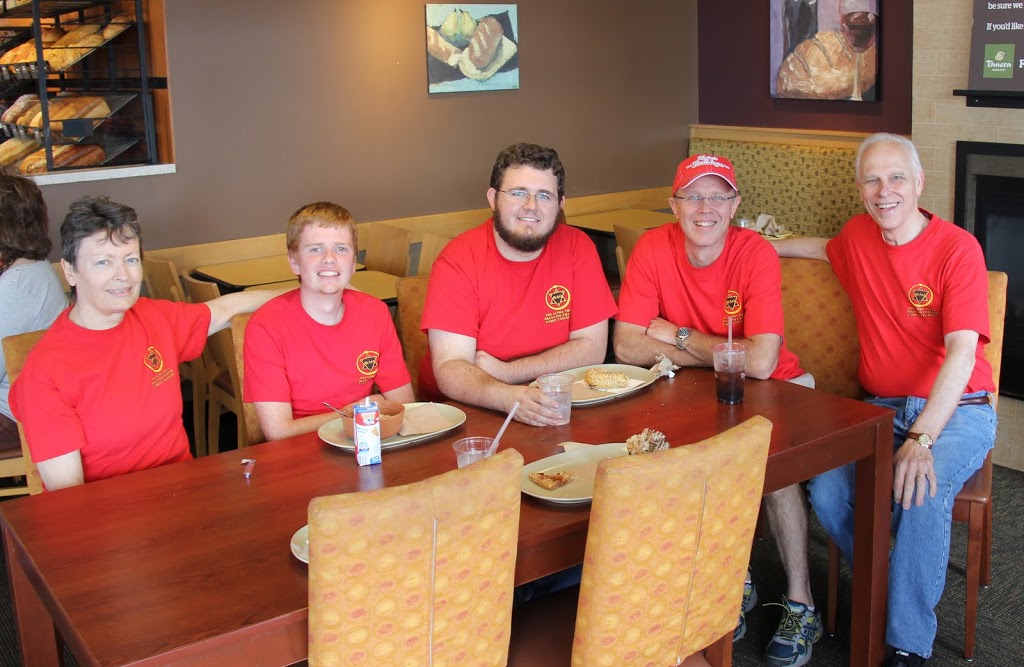 Phi Alpha Theta participants at the Racing So They Can Ride event on September 19, 2015, enjoy food and fellowship together at Panera Bread Company after the races. They are (left to right) Dr. Alice-Catherine Carls, Gideon Ragland, Nicholas Hancock, Robert Briley, and Dr. Stephen Carls.