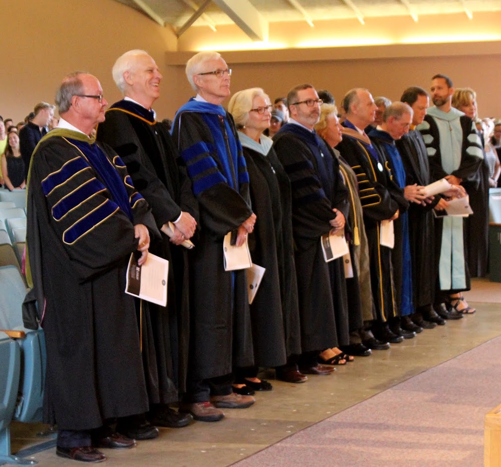 Dr. Stephen Carls (second from left) participates in the processional at Union University's fall convocation on August 26, 2016.
