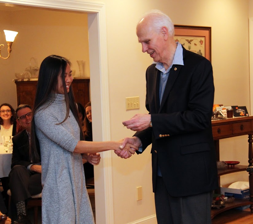 Dr. Stephen Carls presents Katherine Cheshire with a Tennessee Great War Commission pin on December 10, 2016, for her contributions to the Great War Symposium event held at Jackson's First Presbyterian Church on November 4, 2016.