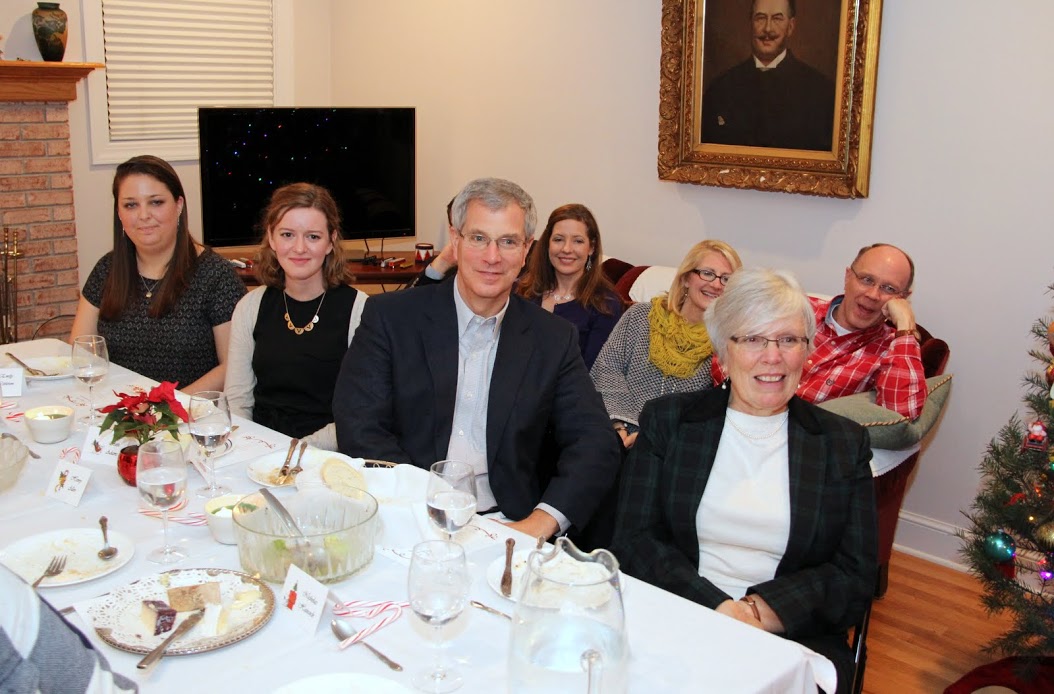 Attendees at the history department's Christmas dinner enjoy the introductory remarks of Priscilla Porter as she prepares to present an excerpt from Don Zolidis's Mall Santa Saves the Day. They are (front row, left to right) Emily Littleton, Beth Adams, Dr. David Thomas, and Nancy Thomas; (back row, left to right) Lisa Bates, Brenda Briley, and Robert Briley.