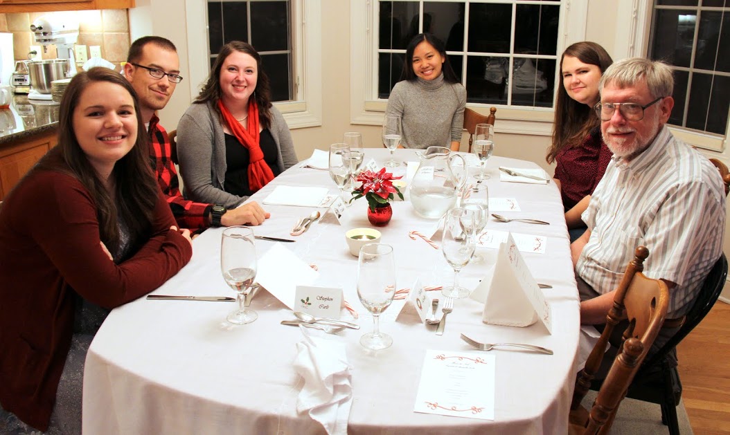 Attendees at the Phi Alpha Theta Christmas dinner on December 10, 2016, wait for the first course to arrive. They are (left to right, going clockwise) Jordan Sellers, Buddy Hackett, Kathryn Mitchell, Katherine Cheshire, Jessica Barton, and Dr. Terry Lindley.