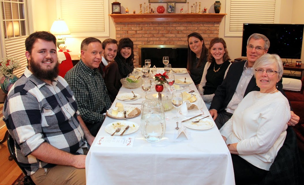 French dinner attendees enjoy the salad and cheese course of the meal on December 10, 2016. They are (left to right, going clockwise) Nicholas Hancock, Dr. Henry Allen, Seth Reid, Kaylee Gibson, Emily Littleton, Beth Adams, Dr. David Thomas, and Nancy Thomas.