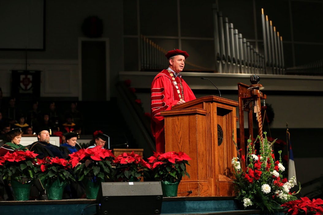 Union University President Dr. Samuel W. Dub Oliver welcomes attendees to the school's fall graduation exercises at West Jackson Baptist Church on December 17, 2016.