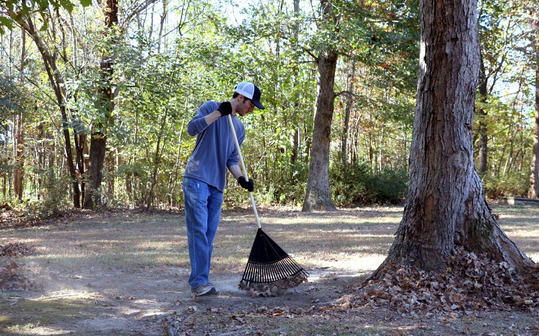 History major Luke Adkins rakes leaves at the Phi Alpha Theta community service project at Salem Cemetery on November 1, 2016. Photo by Elizabeth Wilson